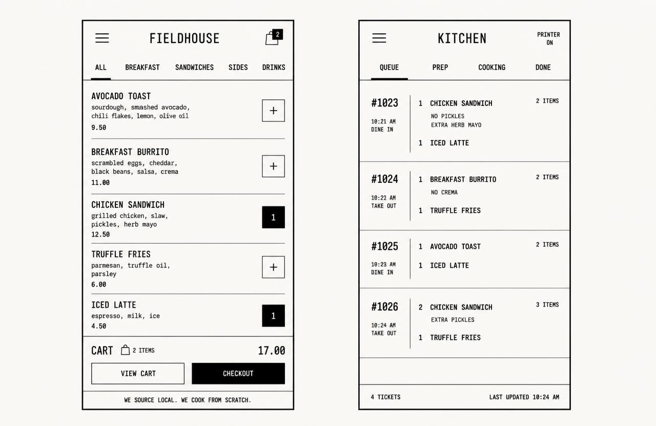 Monochrome mobile ordering app screens beside a kitchen display interface